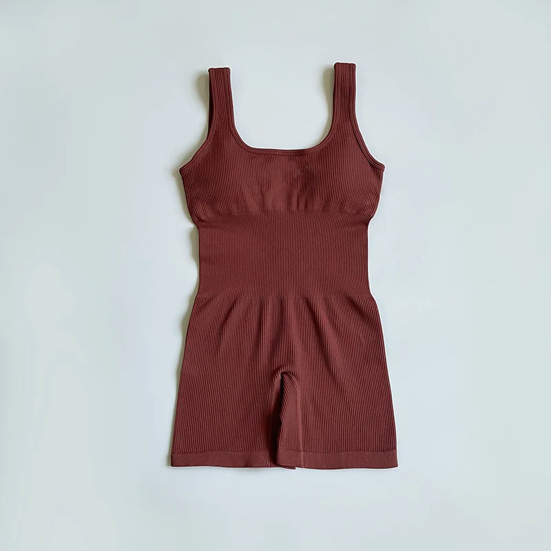 Seamless Women Yoga Suits Workout Ribbed Square Neck Sleeveless One-piece Yoga sets Fitness With Shorts Bodysuit Sportswear