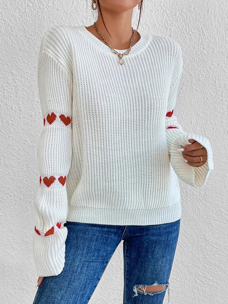 Fashionable and elegant sleeve small heart top women's knitted sweater round neck solid color