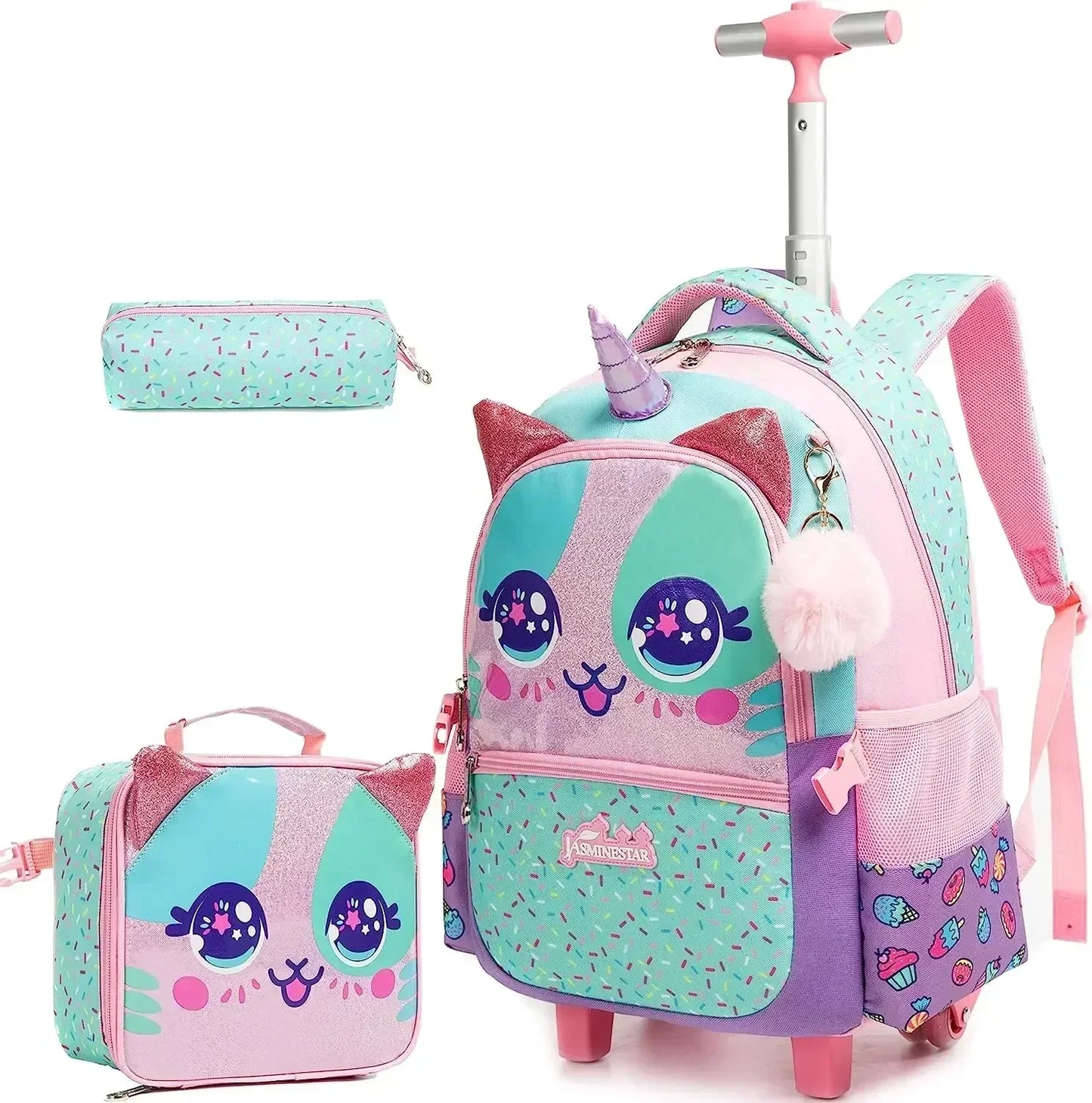 Kids Rolling Backpack with Wheels Durable School Travel Luggage for Girl Lightweight Carry-On Trolley Bag with Adjustable Handle