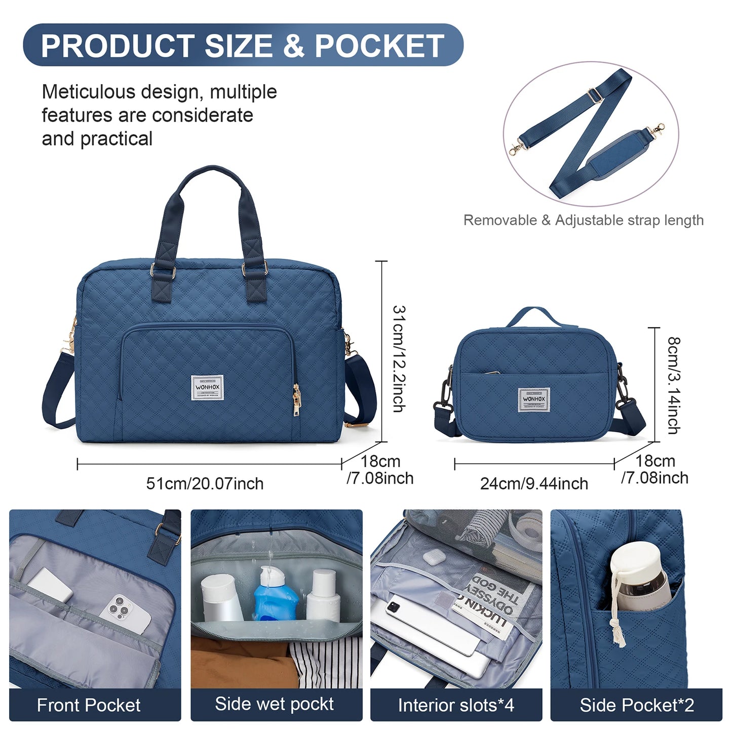 Travel Bag for Woman ,Carry On Foldable Travel Bag,Weekender Overnight Bag,Simple Women's Clothing Backpack Luggage Handbag,blue