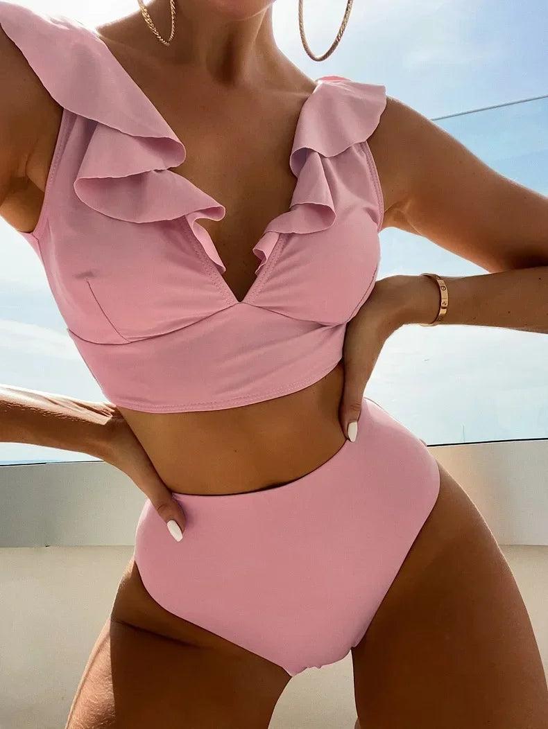 2025 Women's Sexy High Waist Swimsuit Ruffle Bikinis Push Up Bikinis Set Summer Beach Wear Bathing Suit Female Solid Swimwear