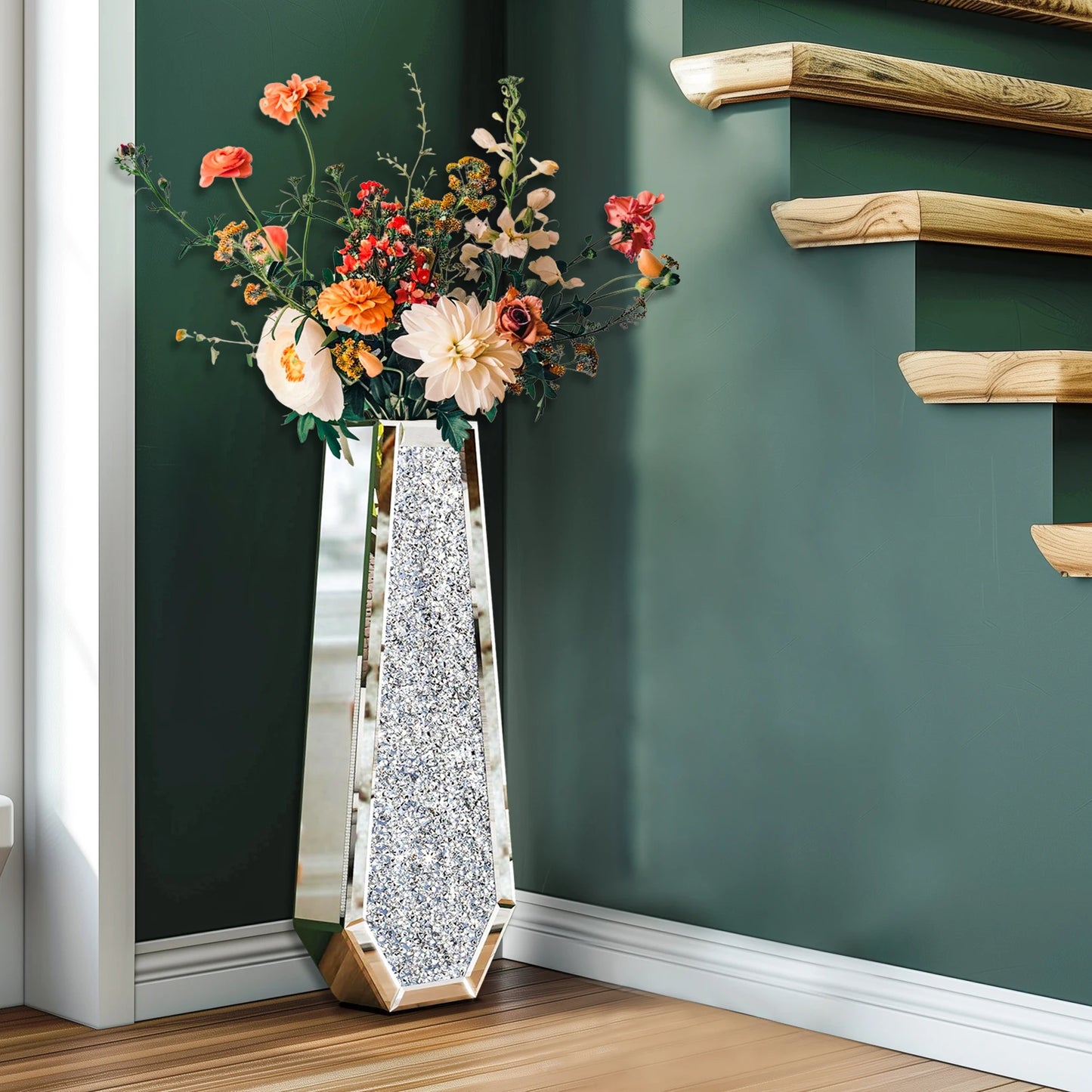 2 Shapes 68CM Crushed Diamond Decorative Mirrored Floor Vase Crystal Silver Glass Flower Vase for Pampas Grass Artificial Flower