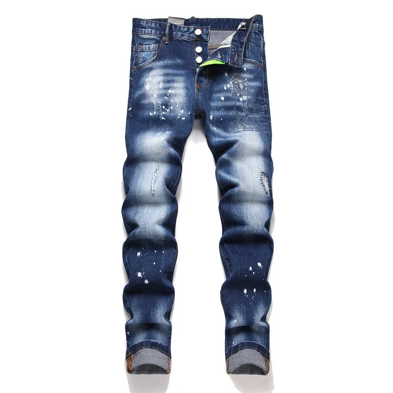 Streetwear Style Italian Men Blue Holes Denim Jeans Trousers Ripped Denim Long Pants High Quality Male Slim Denim Jeans Size 42