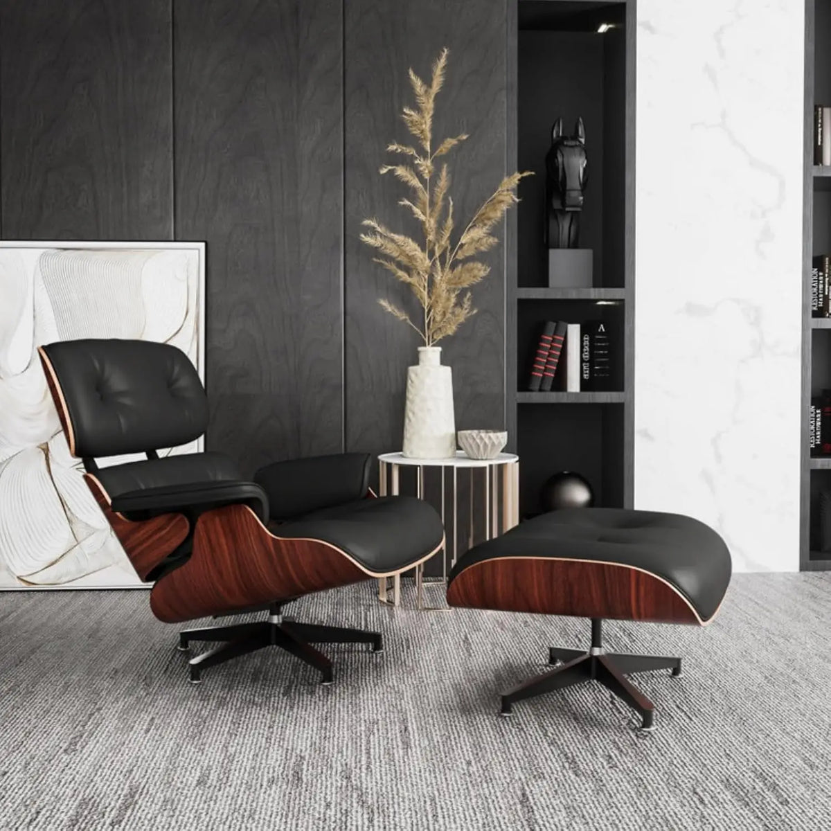 Mid Century Chaise Lounge Chair with Ottoman, Top Black Grain Leather,Modern Office Chair Classic Design,Heavy Duty Base Support
