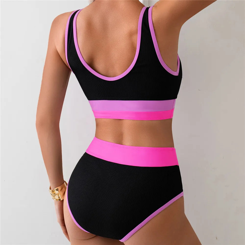 Black Pink Patchwork Ribbed Swimwear Bandeau High Waist Bikini Sports Sexy Swimsuit Women Bathing Suit Bikinis Sets De Mujer
