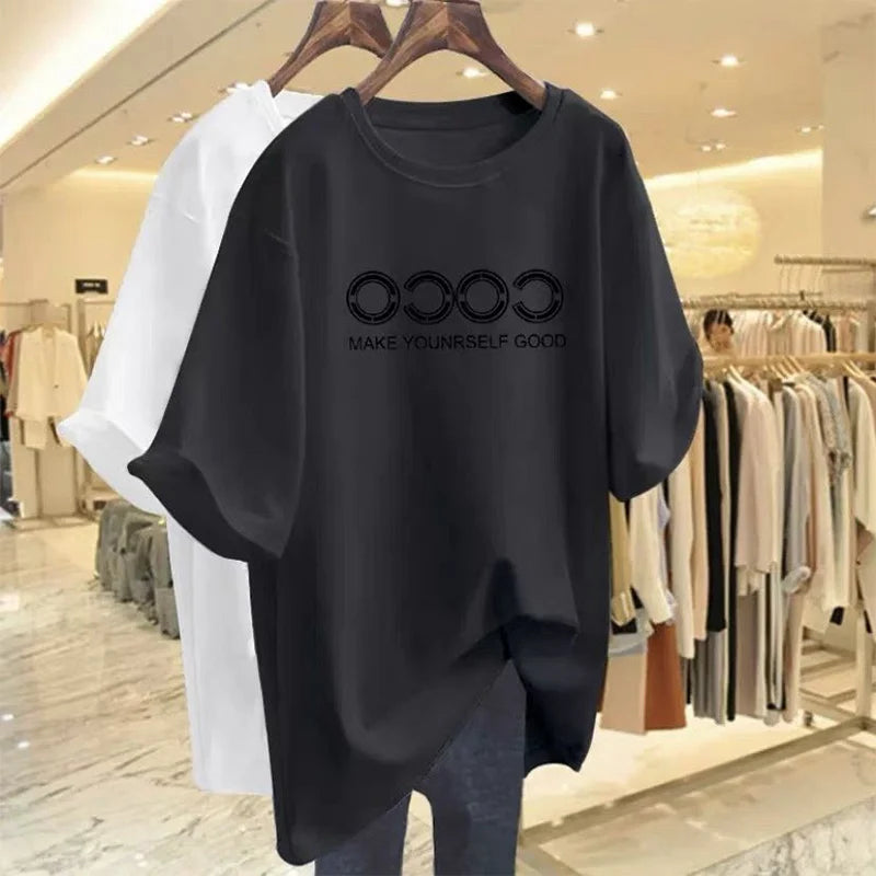 Women Clothing Chic Printed T-shirt, Summer, Pure Cotton, Short Sleeve O-neck Pullovers, Basics Tees Top