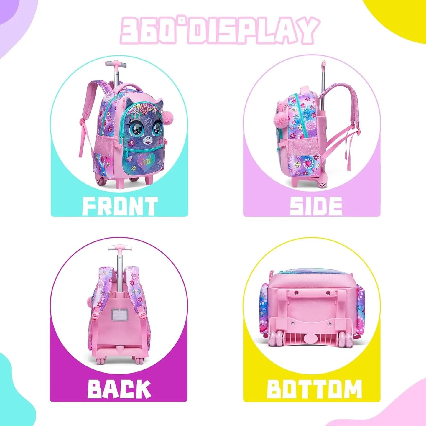 Kids Rolling Backpack with Wheels Durable School Travel Luggage for Girl Lightweight Carry-On Trolley Bag with Adjustable Handle