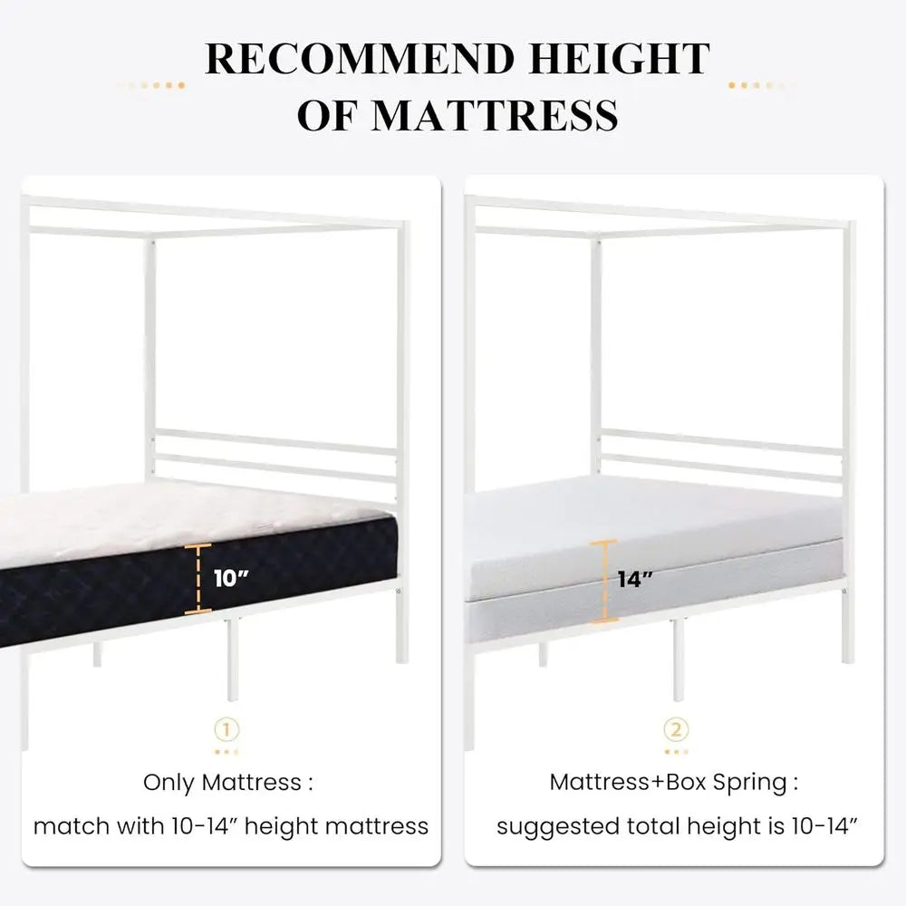 Full Size White Metal Slat Canopy Bed Frame with Mattress Support, No Box Spring Needed, Easy Assembly