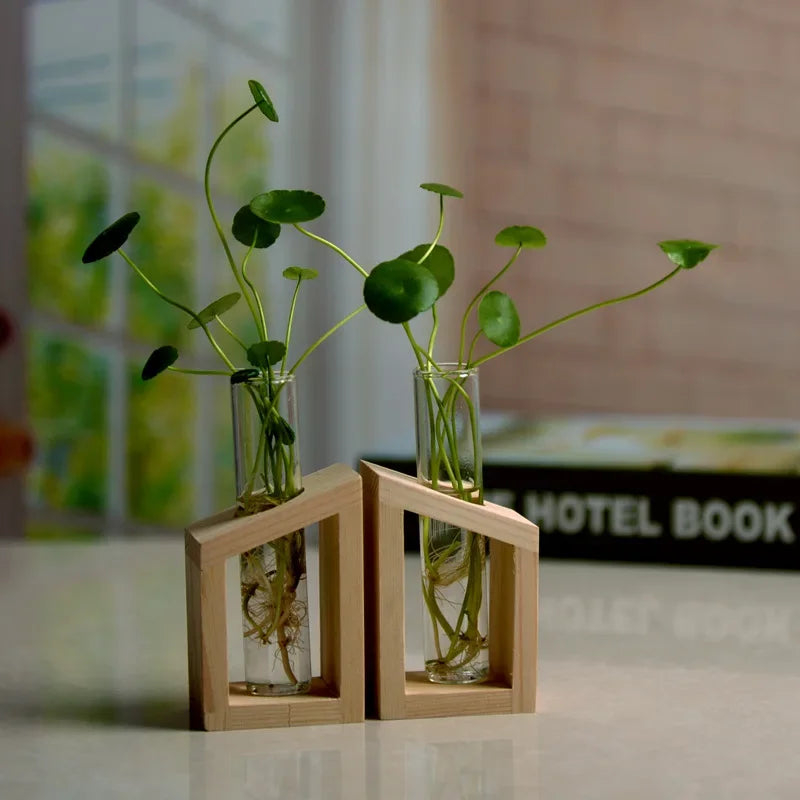 Creative Wooden Frame Hydroponic Flower Small Vase Plant Glass Bottle Container for Home Living Room Office Decoration