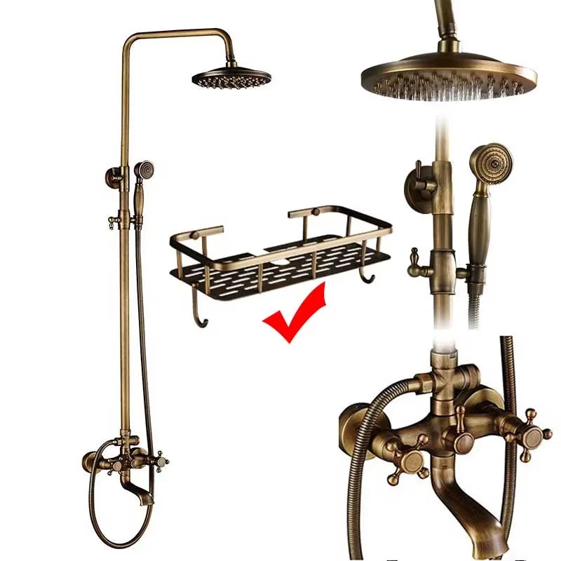 Antique Brass Bathroom Shower Faucet Sets Rainfall Head Wall Mounted Mixer Tap Hot and Cold Taps
