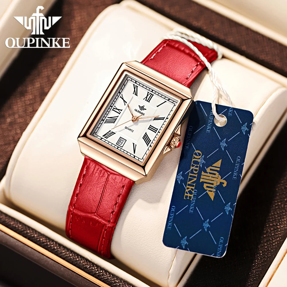 OUPINKE 3182 Simple Womens Watches Elegant Rectangular Dial Quartz Watch Leather strap Date Waterproof Original Lady Wristwatch
