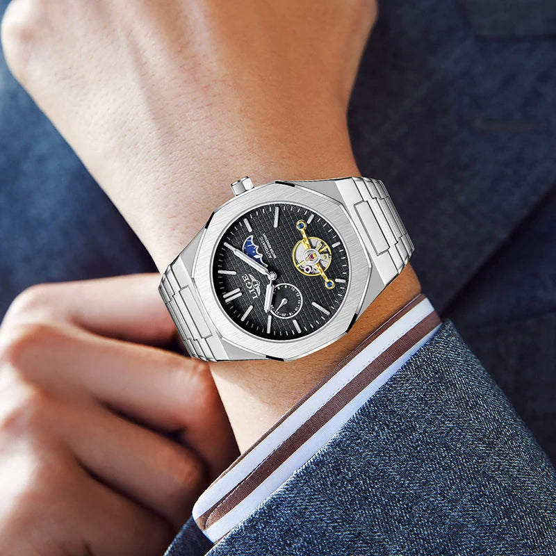 LIGE New Automatic Watches For Men Outdoor Sports Waterproof 24 Hours Moon Phase Watch Men Luxury Men's Mechanical Wristwatch