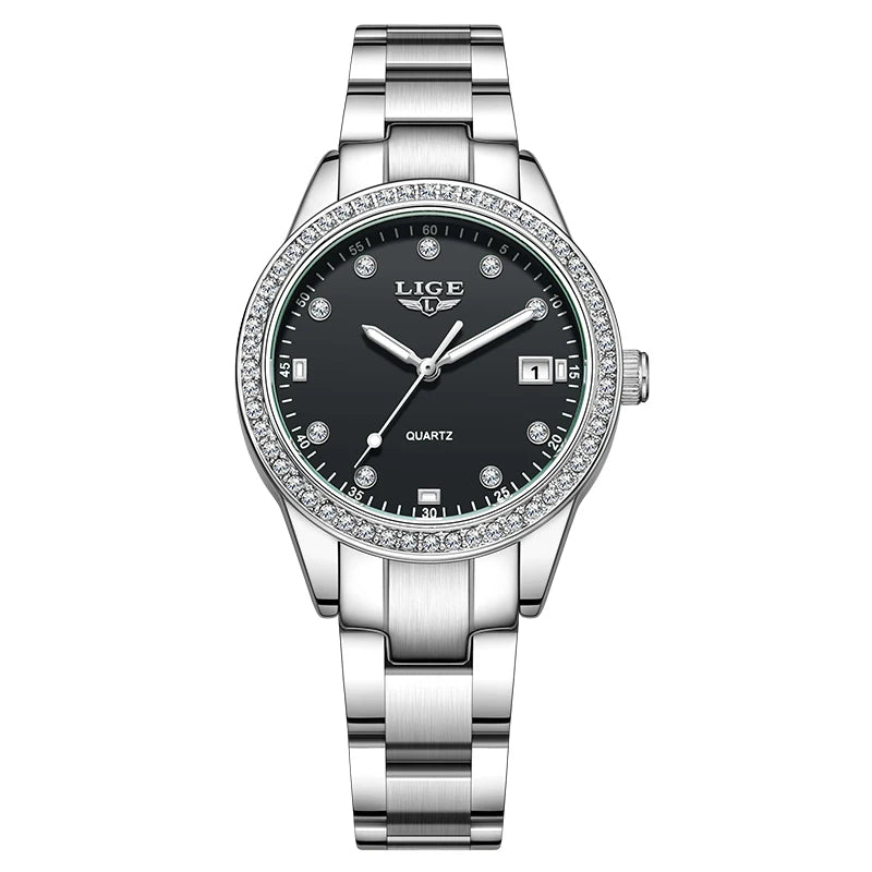 LIGE Top Brand Luxury Quartz Watches for Woman Retro Fashion Simple Elegant Calendar Casual Waterproof Diamond Women Wristwatch