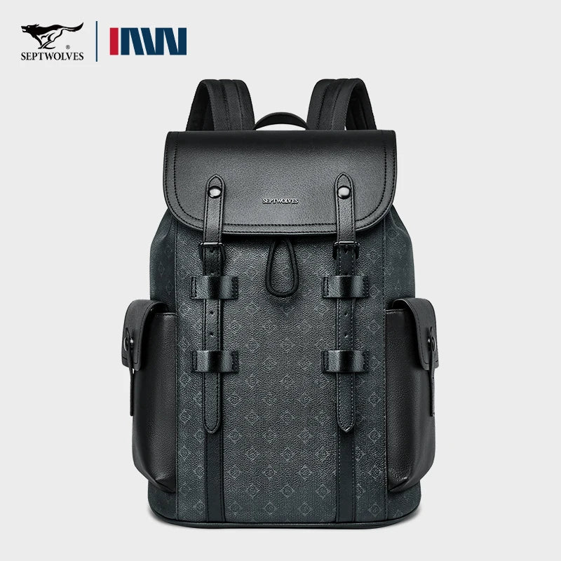 Septwolves Luxury Brand Classic Patterns Business Leather Backpack Man Drawstring Flip Designer 15.6 Inch Laptop Bags Rucksack