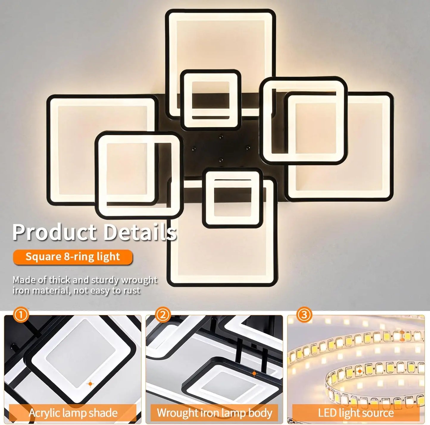 Modern LED Ceiling Light, Dimmable LED Chandelier Black Flush Mount Ceiling Lights, Remote Control Acrylic Ring Ceiling Lamp Fix