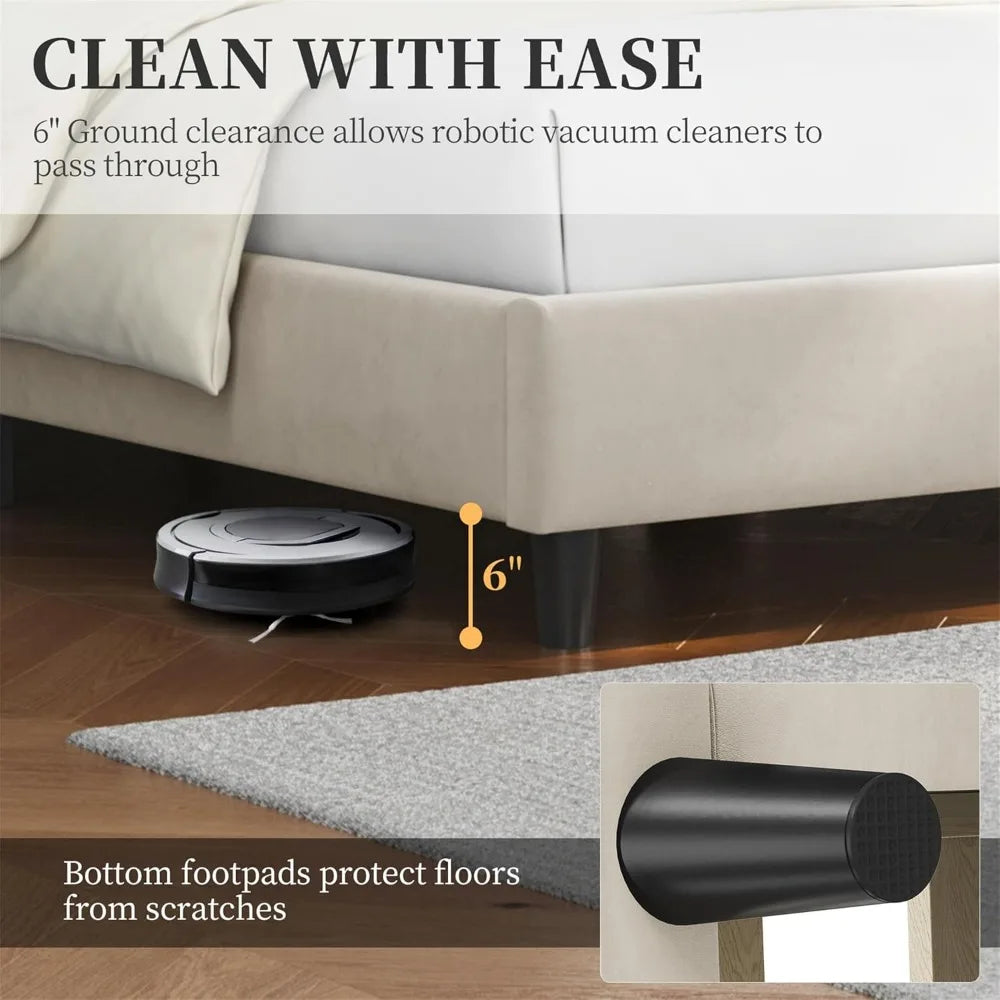 Upholstered Queen Bed Frame with Tufted Headboard, Wooden Slat Support, No Box Spring Needed, Beige Velvet Finish