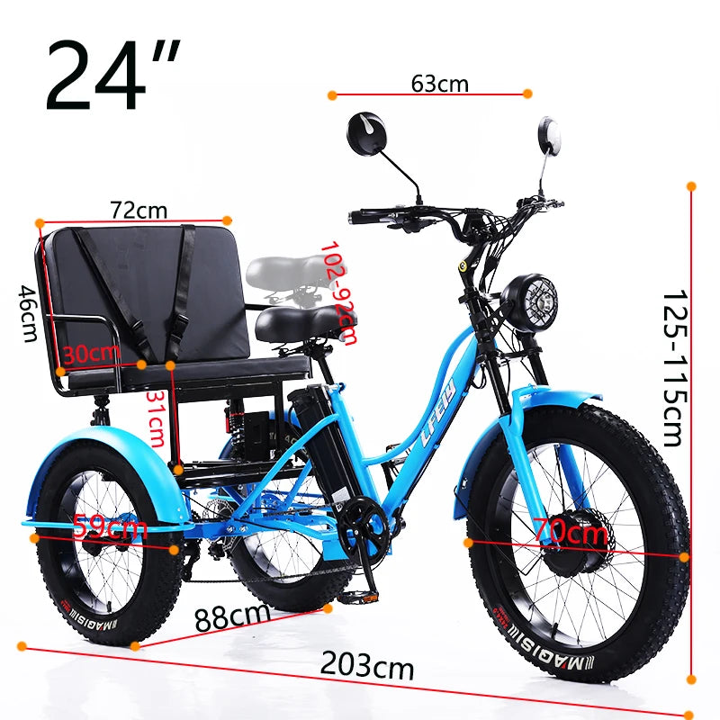 New 3 Wheel Electric Tricycle Cargo Bike With Passengers Elderly Adults 2 Seat 750W Powerful Off Road Electric Bicycle Mountain
