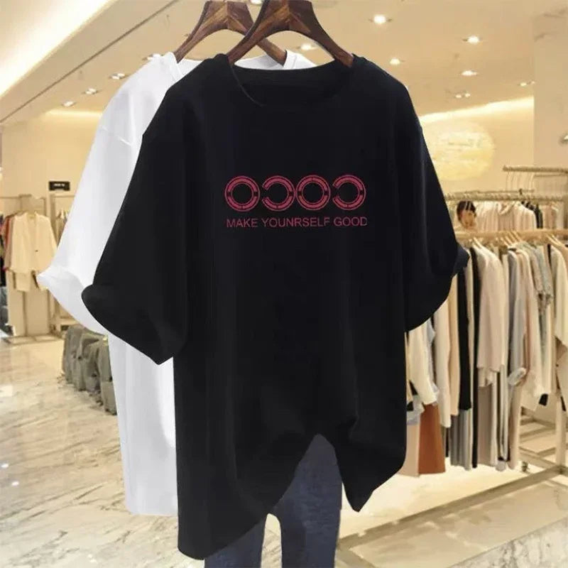 Women Clothing Chic Printed T-shirt, Summer, Pure Cotton, Short Sleeve O-neck Pullovers, Basics Tees Top