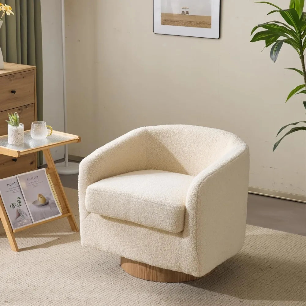 360° Swivel Khaki Teddy Fleece Accent Chair with Engineered Wood Base and Removable Cushion for Living Room,Bedroom, Curved Bac