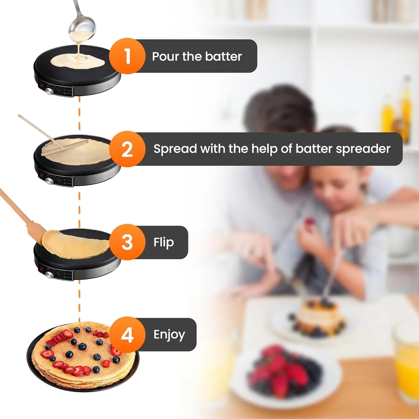 Electric Crepe Maker, Nonstick Multi-Function Tortilla Machine, Ideal for Crepes, Pancakes & Roti, Wooden Spatula & Batter Sprea