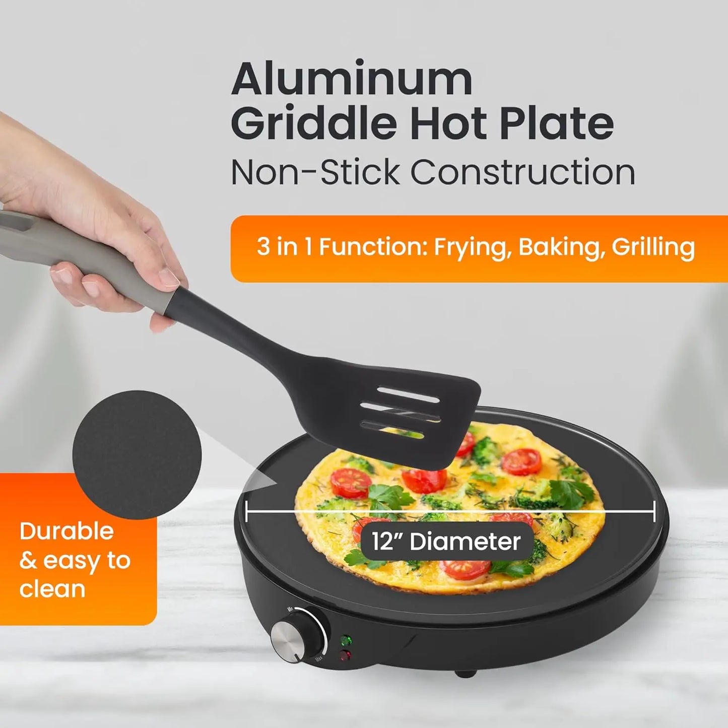 Electric Crepe Maker, Nonstick Multi-Function Tortilla Machine, Ideal for Crepes, Pancakes & Roti, Wooden Spatula & Batter Sprea