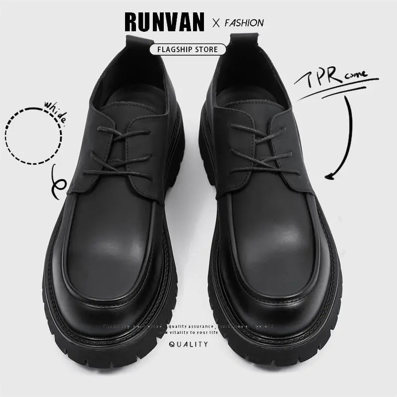 Men's Leather Shoes Black Round Toe Thick Sole Platform Male Casual Brogue Shoe Footwear Offer Designer Classic Original Retro