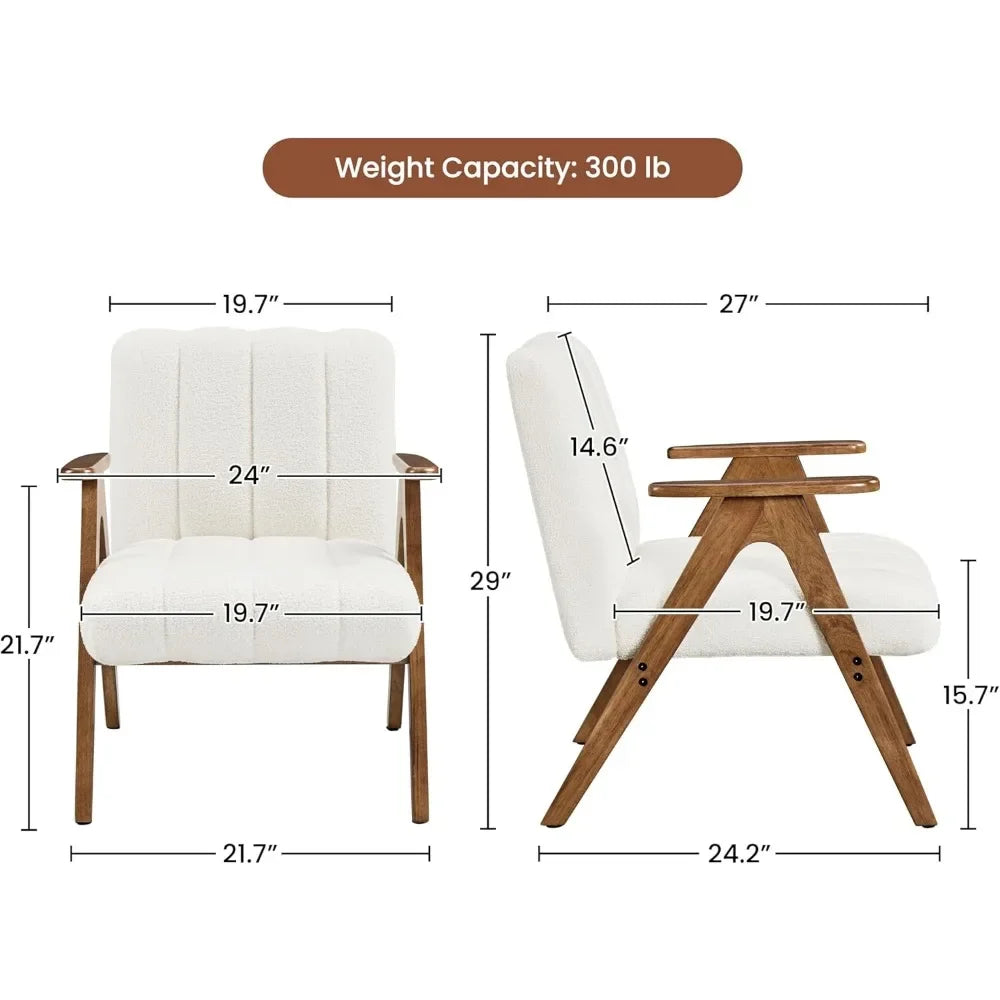Boucle Fabric Mid Century Accent Chair Set of 2, Modern Upholstered Living Room Chairs with Solid Wood Legs