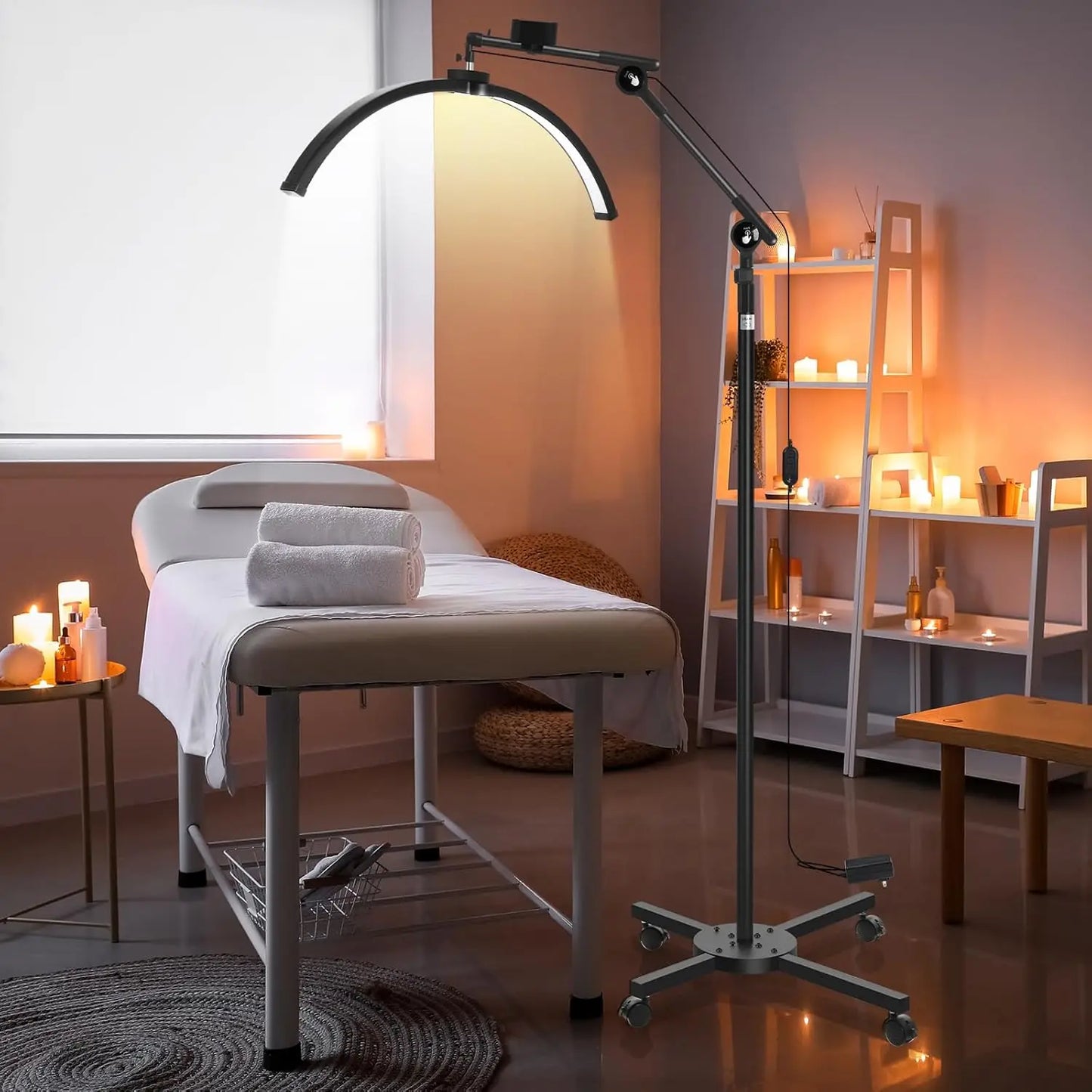 Half Moon LED Floor Lamp with Adjustable Height & Angle, Cool/Warm Light, Phone Holder for Eyelash & Skincare