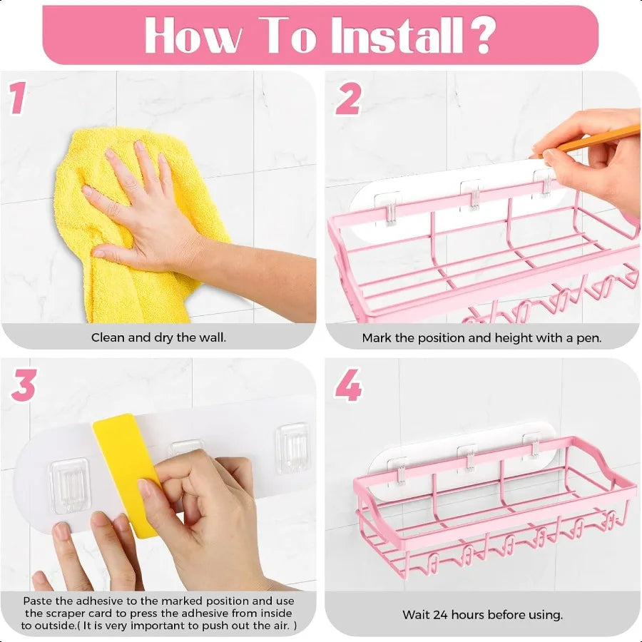 2 Pack Adhesive Shower Caddy Rustproof Stainless Steel Shower Racks for Bathroom Organizers and Storage Pink Wall Mounted Showe