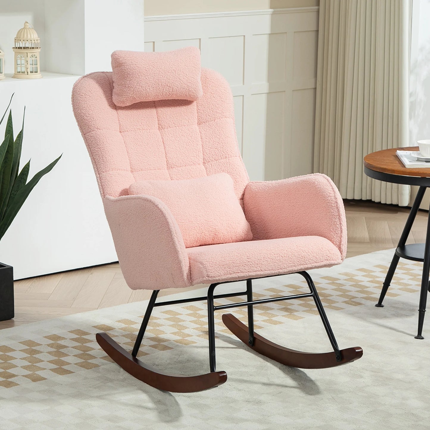 Homcom Boucle Rocking Chair with Headrest and Lumber Pillow Pink