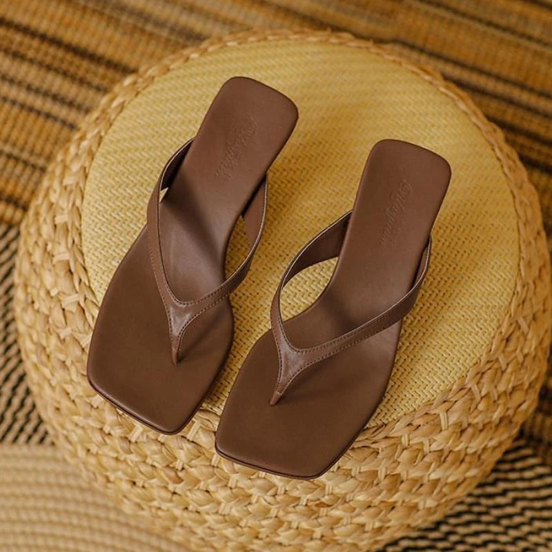 Women Slippers Female Clip Toed High-heeled Slippers Casual Footwear Slides Ladies Square Toe Fashion 2025 Summer Flip Flops