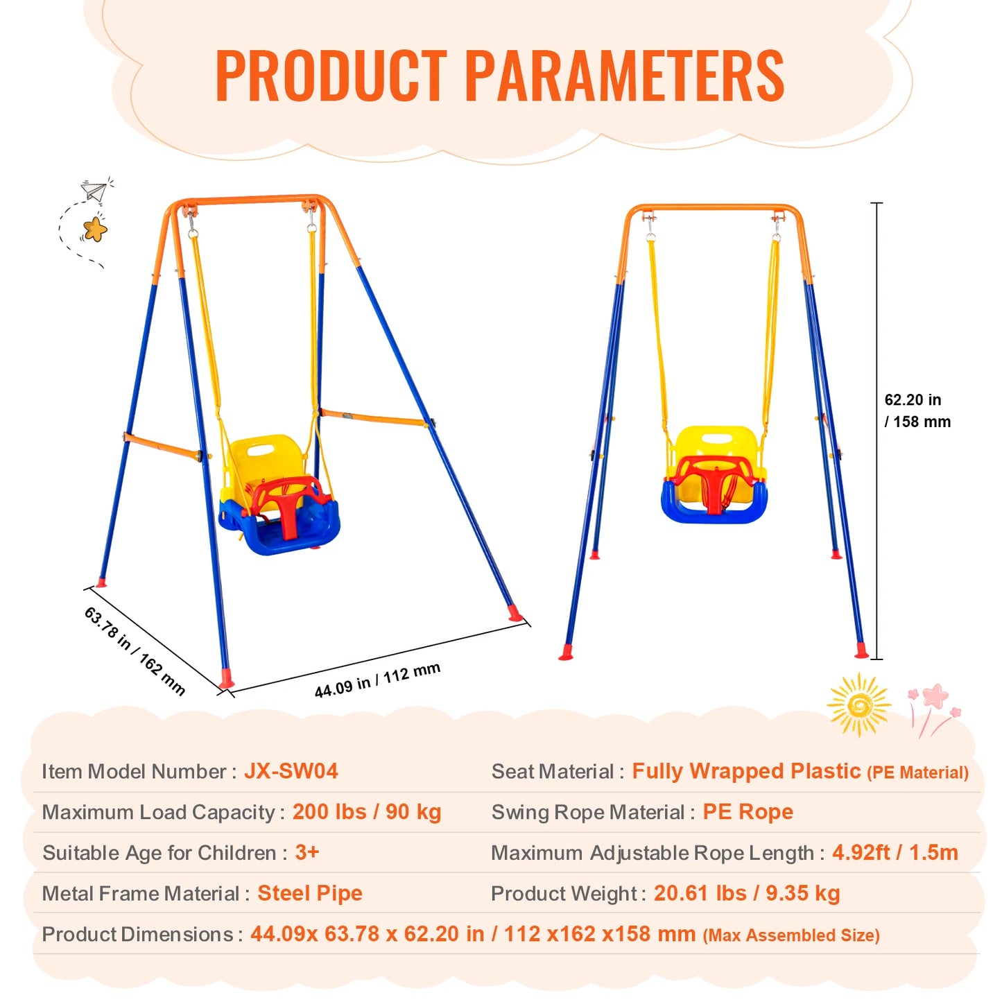VEVOR Swing Sets for Backyard 600lbs Capacity Swing Set with 1 Saucer Swing Seat 2 Belt Swing Seats Swingset Outdoor for Kids