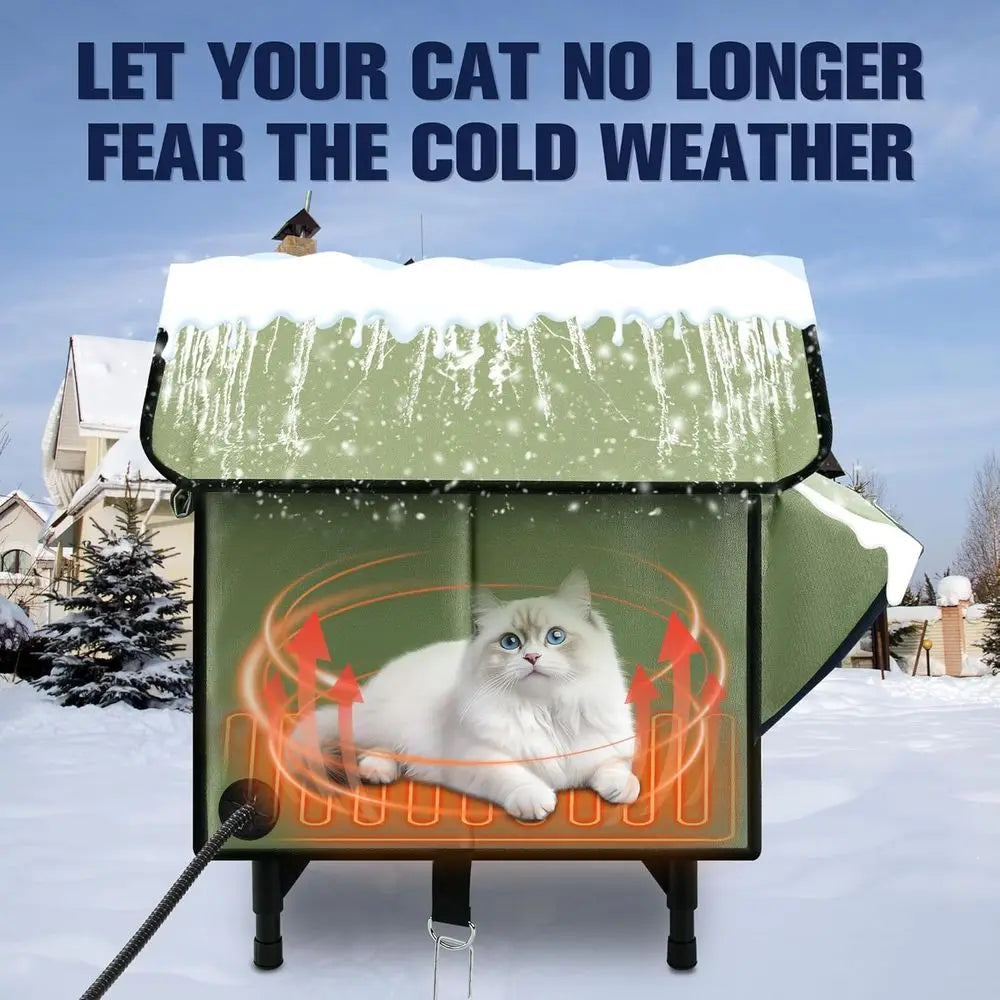 Insulated Outdoor Cat House with Heated Pad, Waterproof Shelter for Indoor/Outdoor Cats, Green Elevated Feral Cat Bed, 21x19.4x1