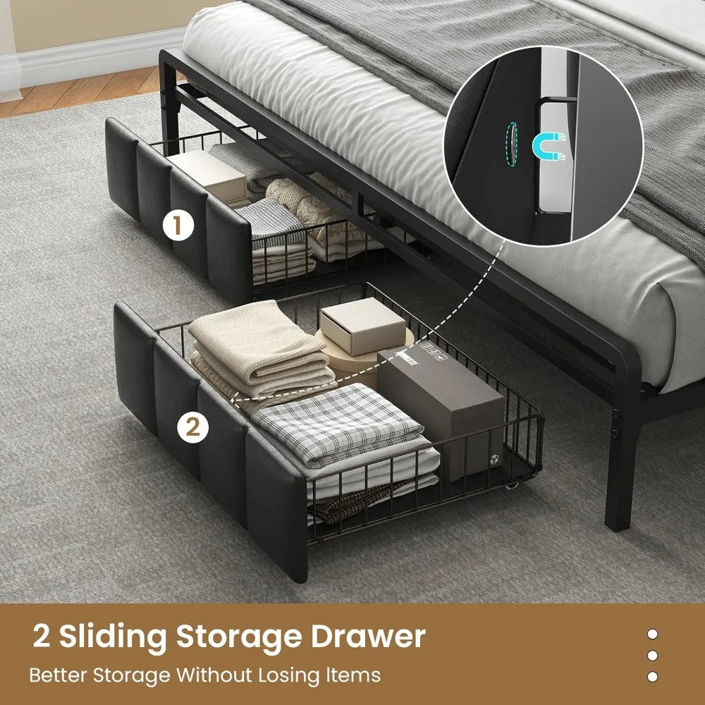 King Bed Frame with Storage Drawers, Upholstered Headboard with Hidden Storage Shelf, LED Lights and Charging Station, Metal Pla