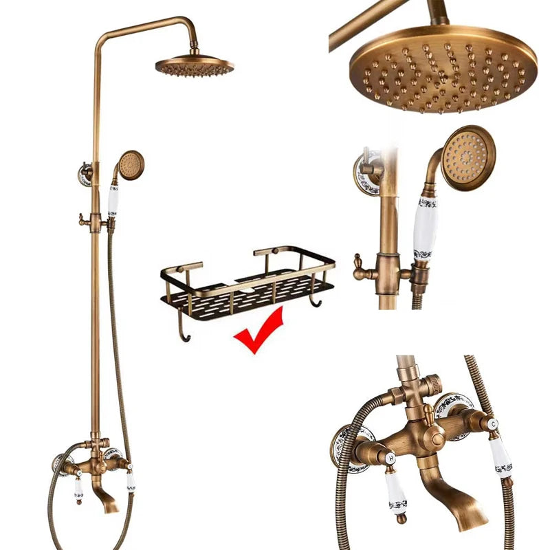Antique Brass Bathroom Shower Faucet Sets Rainfall Head Wall Mounted Mixer Tap Hot and Cold Taps