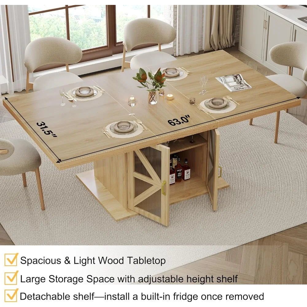 Large Modern Rectangular Farmhouse Dining Table with Storage for 4-6, Wood Kitchen Table featuring Fridge Space