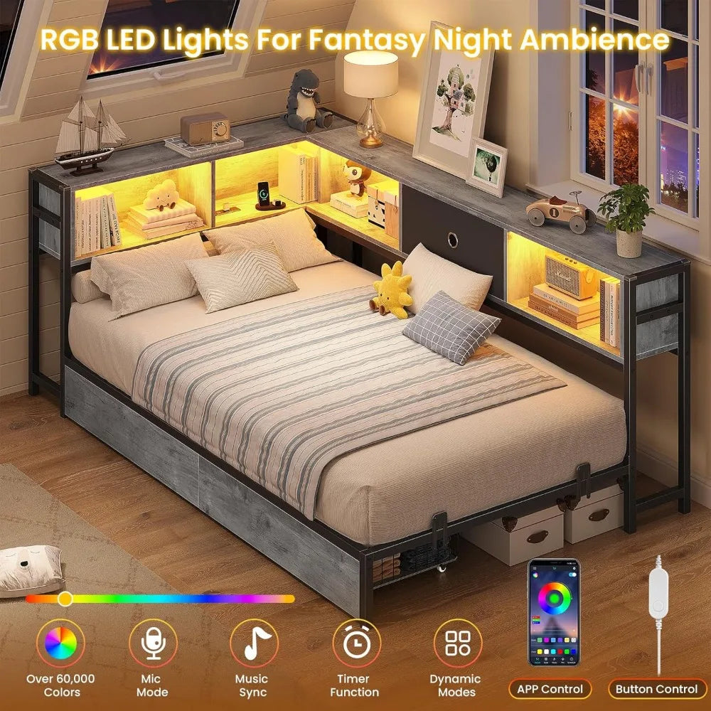 Twin Corner Bed Frame with Storage Drawers, Bookcase Headboard, Charging Station & LED Lights for Kids Teens