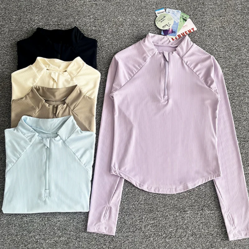 Wholesale Running Tops Half Zip Stand up Collar Sports Shirts Thumb Hole Long Sleeve Gym Fitness Top Ribbed Yoga T Shirt Women
