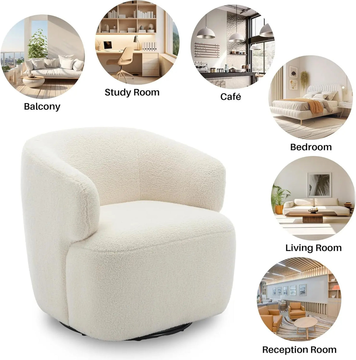 Swivel Accent Chair, Sherpa Teddy Barrel Chair, Cozy Round Boucle Armchair, Metal Base, Beige Cream White