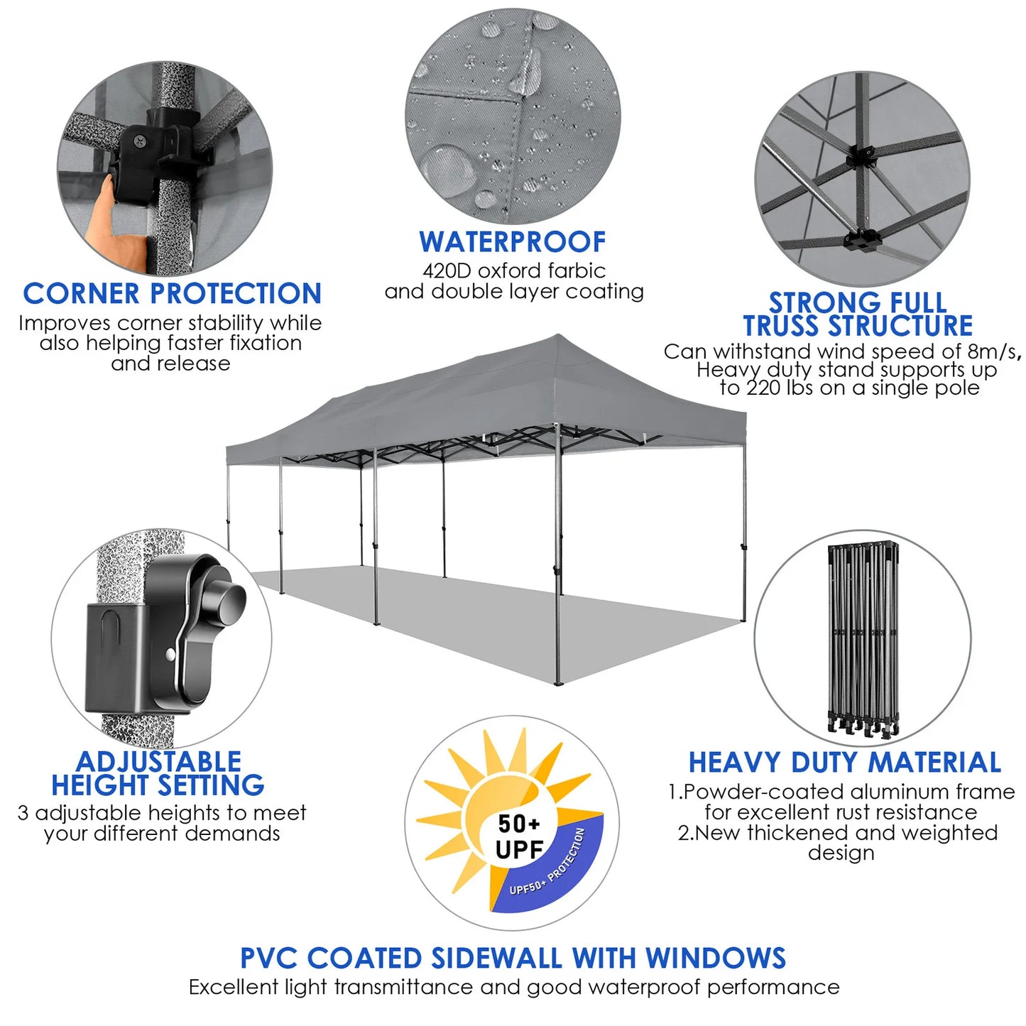10x30 Heavy Duty Pop up Canopy with 8 sidewalls Stable Wedding Outdoor Tents for Parties Canopy Pop Up Party Tent UPF 50+