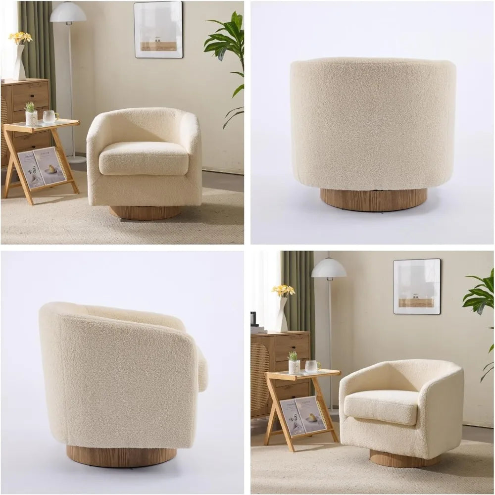 360° Swivel Khaki Teddy Fleece Accent Chair with Engineered Wood Base and Removable Cushion for Living Room,Bedroom, Curved Bac