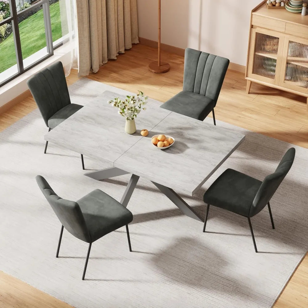 6-Piece Extendable Dining Table Set, Modern 63''–79'' Grey Wood Table with 6 Grey Fabric Chairs, Dining Room Table and Chairs 6