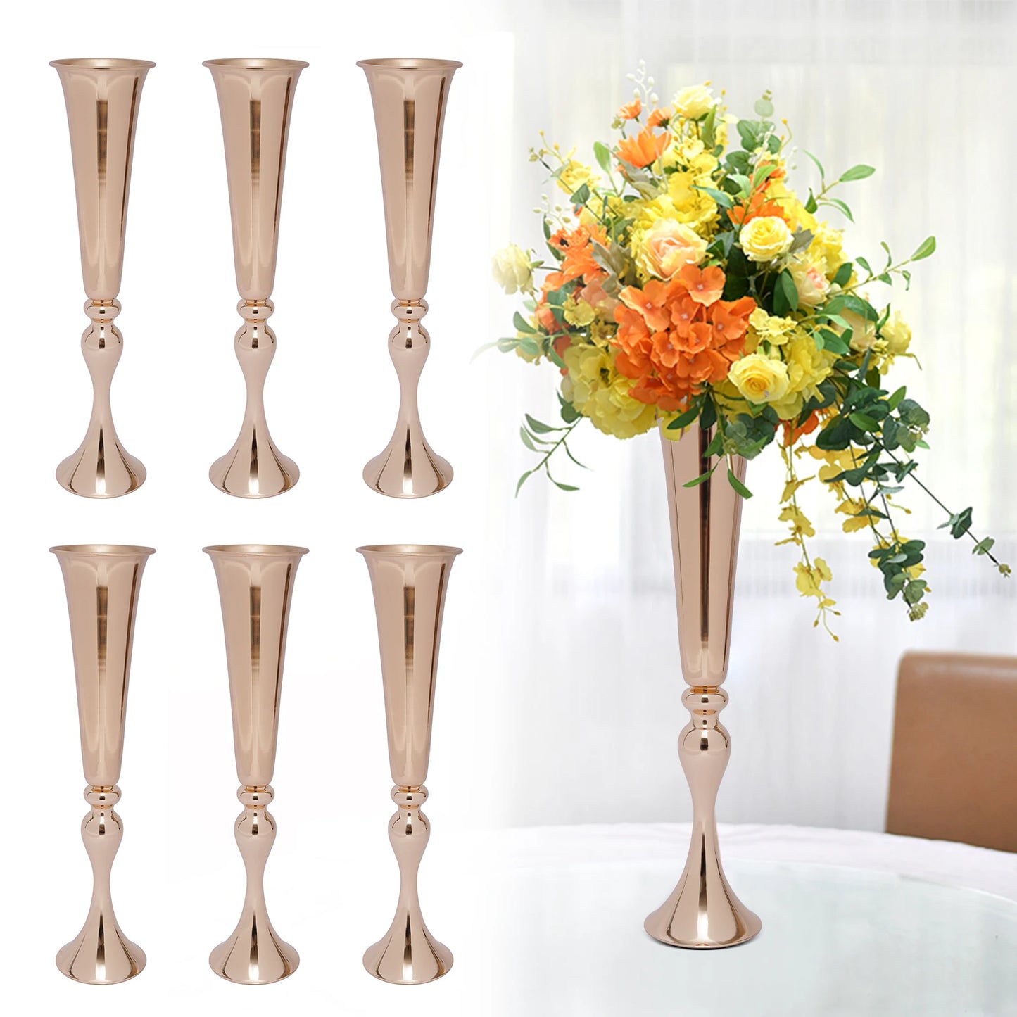 6 PCS Gold Trumpet Vases Wedding Party Props Centerpieces Flower Stand Candle Holder Centerpieces for Table Wedding