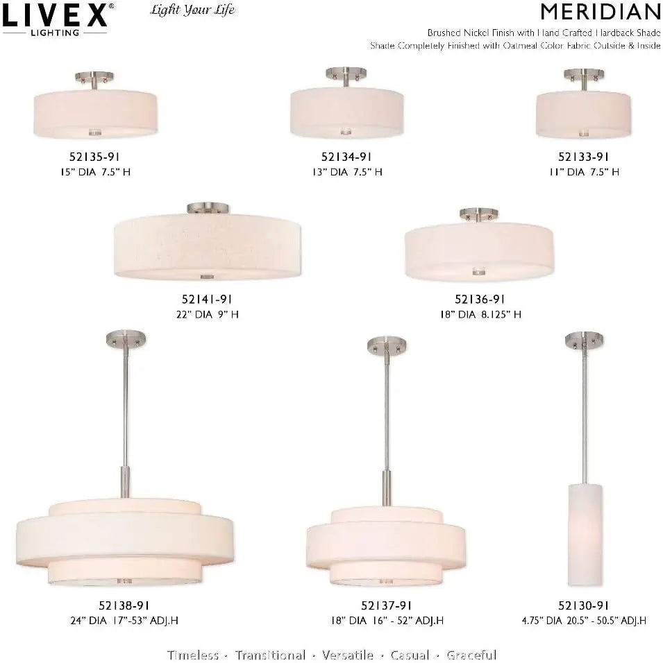 Lighting 52136-92 Meridian Collection 4-Light Transitional Ceiling Mount Fixture with Oatmeal Color Fabric Hardback Shade, Engli