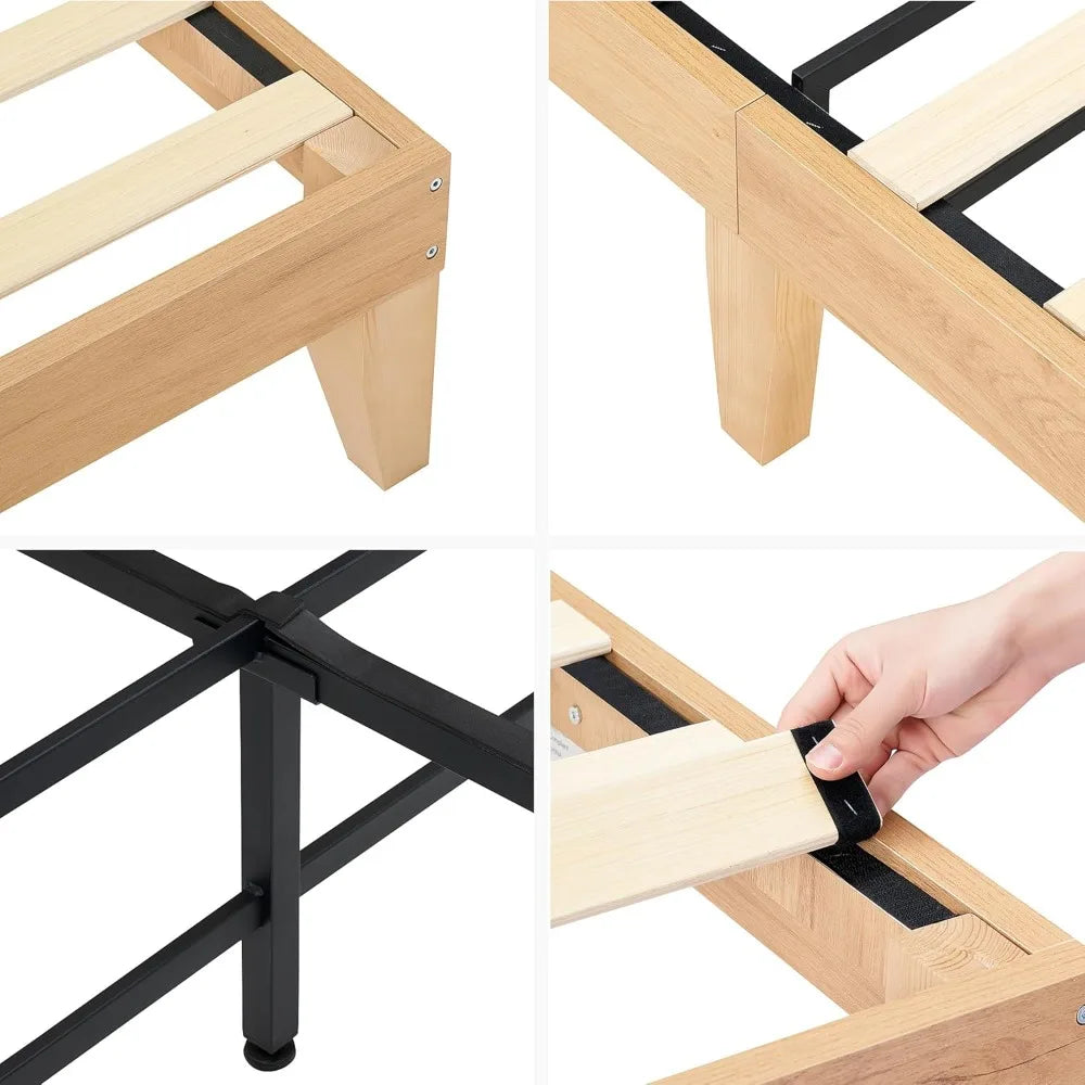 Queen Size Rattan Bed Frame with Natural Headboard, Bohemian Style, LED Lighted Wooden Bed