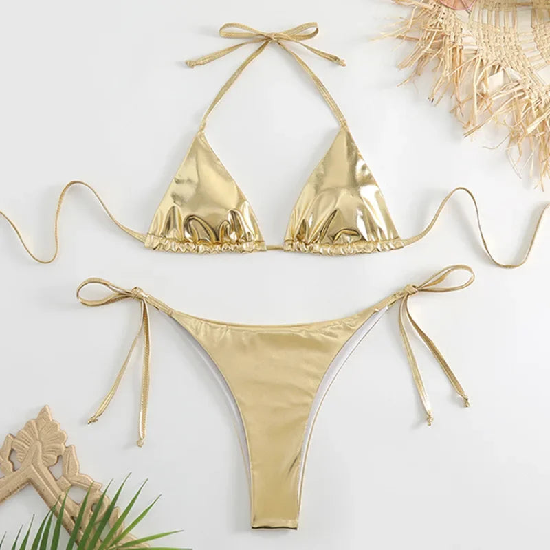 Fish Scales Shiny Halter Triangle Bikinis Sets Swimwear Women Micro Thong Swimsuits Swimming Suit Biquinis Bikinis de Mujer 2025