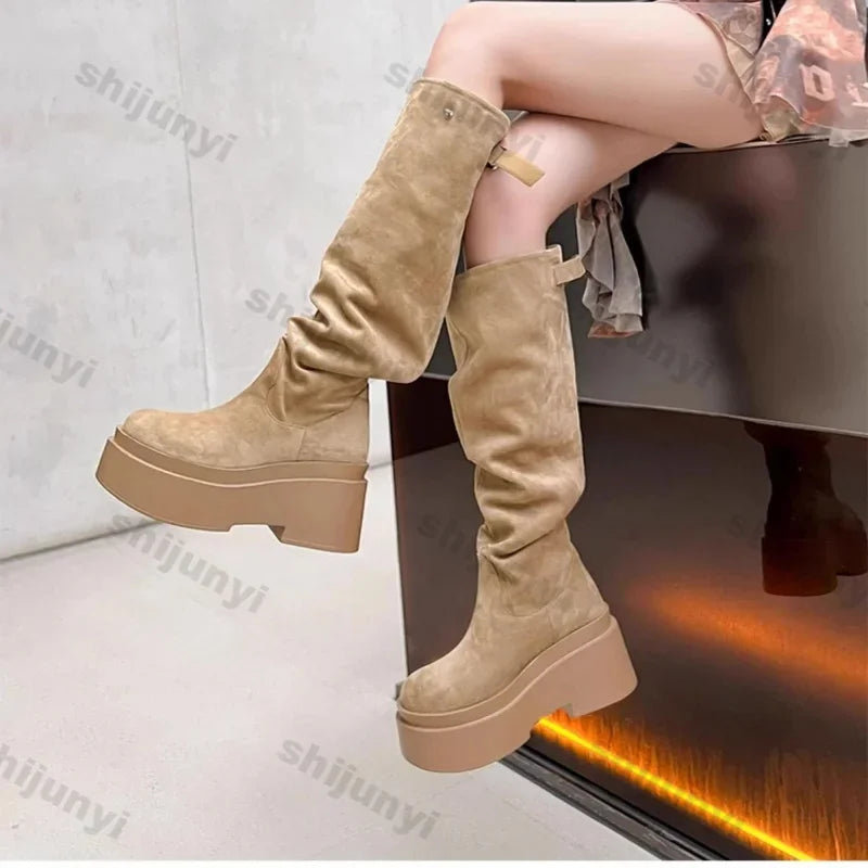 Women's Fashion Thick Heels Knee High Boots Khaki Flock Slip on Western Boots Woman Spring Autumn Soft Leather Short Botas Mujer