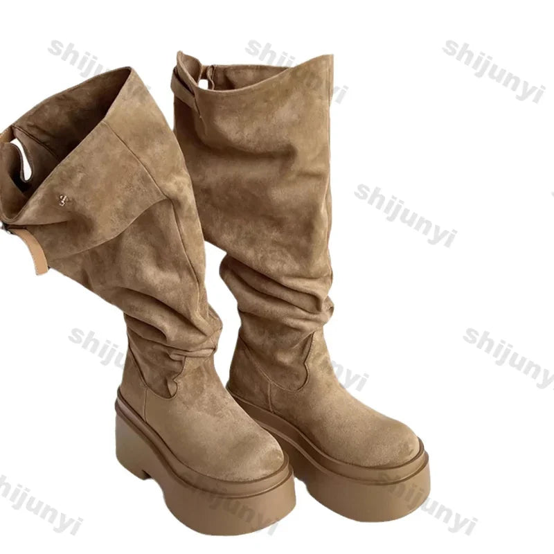 Women's Fashion Thick Heels Knee High Boots Khaki Flock Slip on Western Boots Woman Spring Autumn Soft Leather Short Botas Mujer
