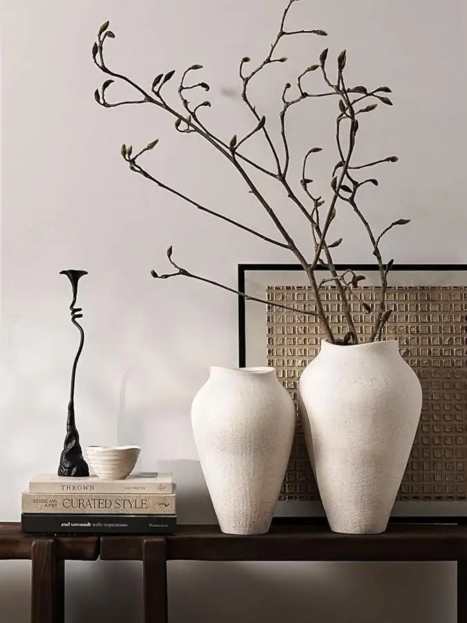 White Ceramic Vase - Large 11.8 Inch Tall Floor Vase for Centerpieces, Farmhouse Rustic Minimalist Home Decor for Living Room, E