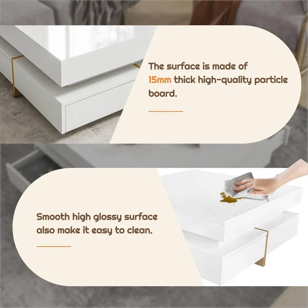 Coffee Table, Modern High Gloss Coffee Table with 4 Drawers, Multi-Storage Square Center Cocktail Table with Wood Grain Legs fo